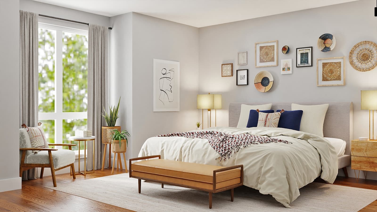A made-up bed styled with Averra Living bedroom furniture